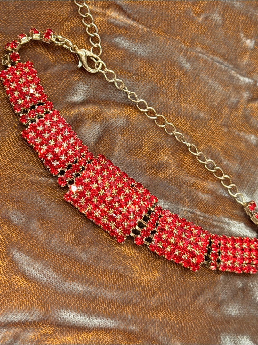 Vintage Gold Tone Red Rhinestone Panel Link Bracelet Statement #736